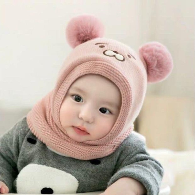 Mũ len chùm liền khăn hình gấu cho bé