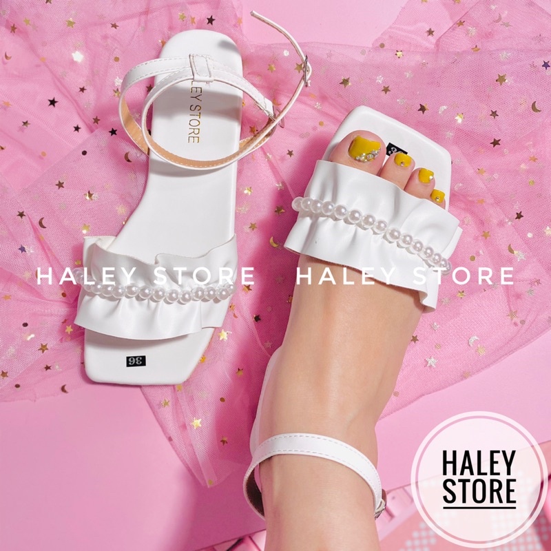 Giày sandal nữ HALEY STORE đế bệt quai ngang bèo nhúm đính ngọc tiểu thư công chúa rẻ bền đi chơi đi học