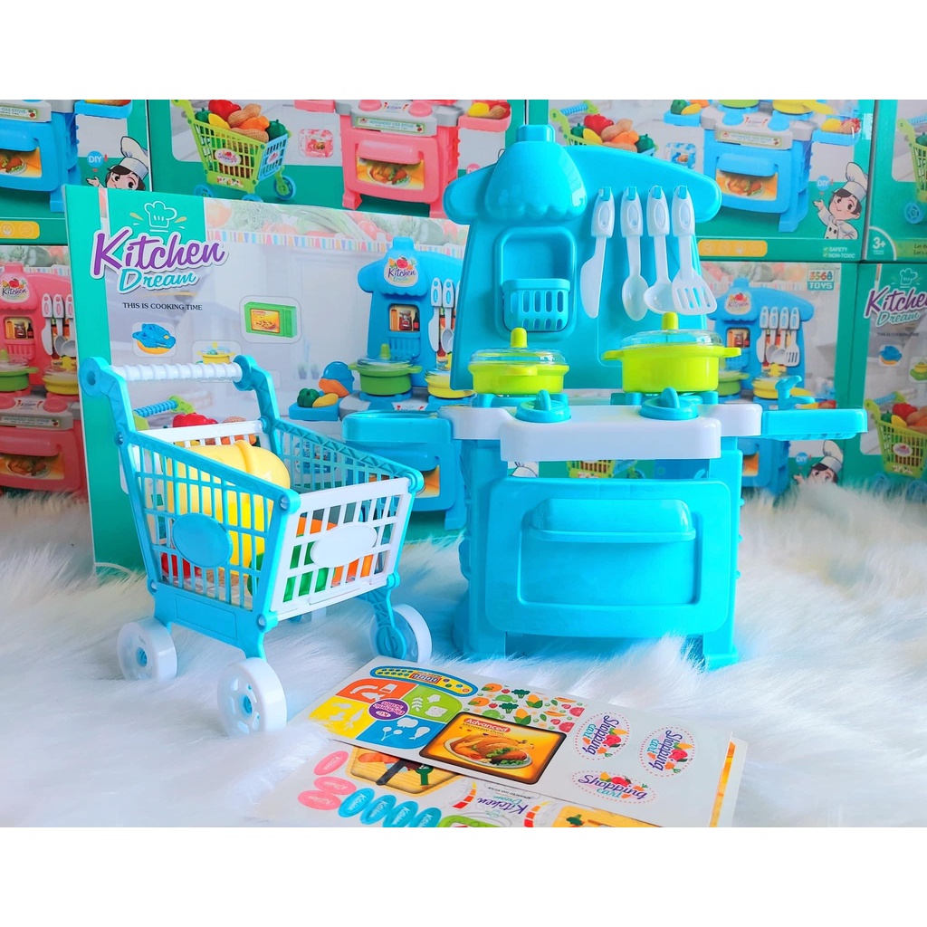 Bộ đồ chơi nấu ăn 2 trong 1 bếp kèm xe đẩy siêu thị cho bé