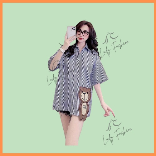 Áo Sơ Mi Nữ Ngắn Tay Kẻ Sọc Thêu Hình Gấu Dễ Thương Form Oversize Dáng Rộng Lady