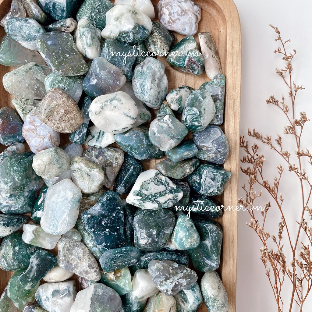Vụn đá thanh tẩy Mã não Rêu (Moss agate), dùng trong Tarot, Reiki, Thiền Định