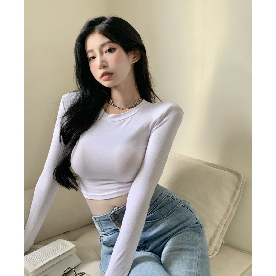 HUANG YOYO Áo Thun Tay Dài Cổ Tròn Thời Trang Quyến Rũ Phong Cách Hàn Quốc Cho Nữ