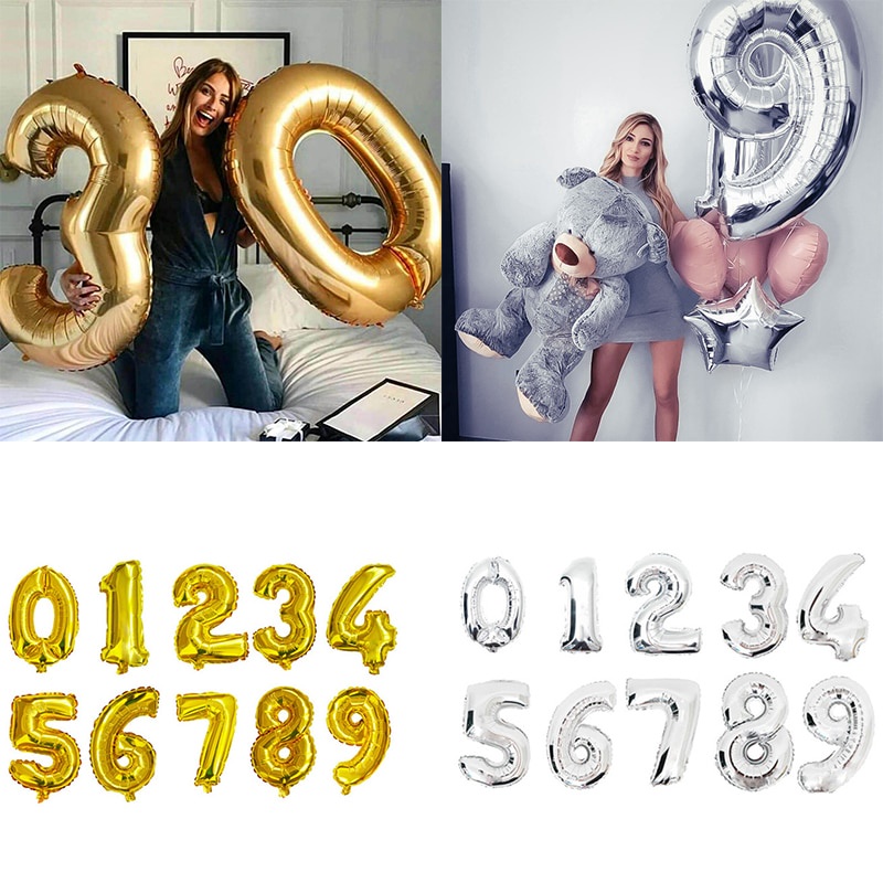 Bong Bóng Lõi Nhôm Hình Số 0-9 32 Inch Màu Vàng/Bạc Trang Trí Tiệc