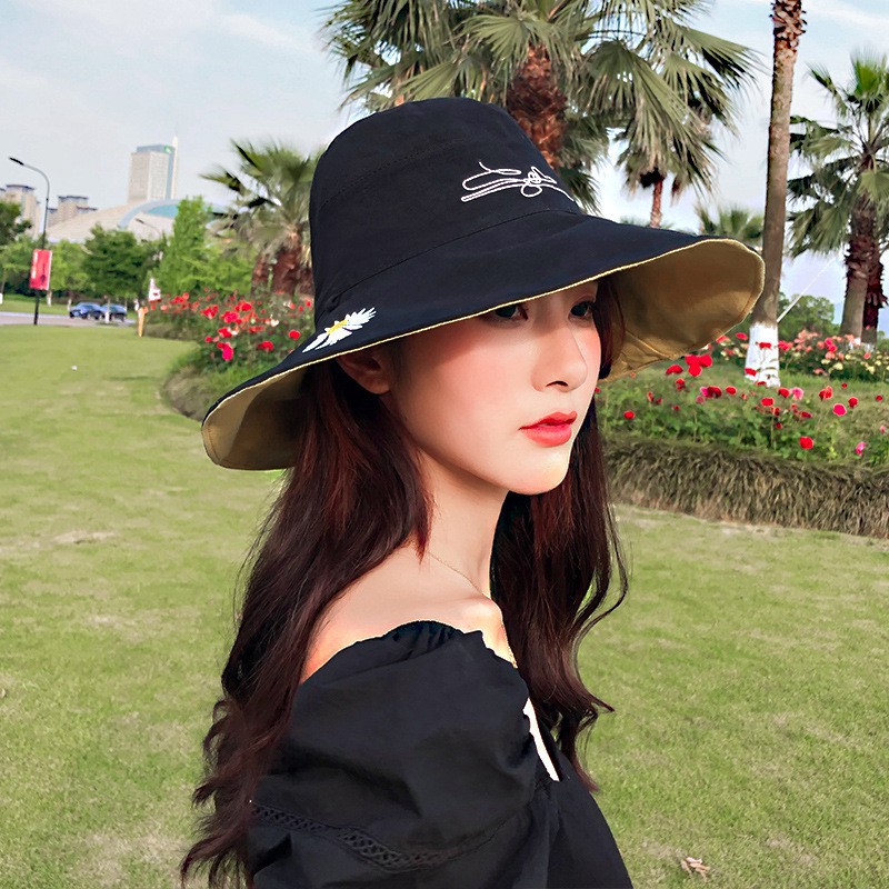 Mũ bucket nữ đẹp vành rộng thêu hoa cúc sử dụng hai 2 mặt thời trang trẻ trung, chống nắng,free size