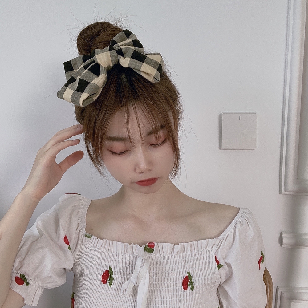 Kẹp Tóc Đính Nơ Họa Tiết Sọc Caro Phong Cách Cổ Điển Dễ Thương Cho Nữ