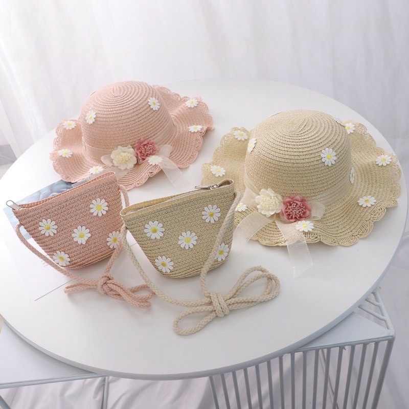 PVN27783 Mũ cói rộng vành kèm túi cho bé gái