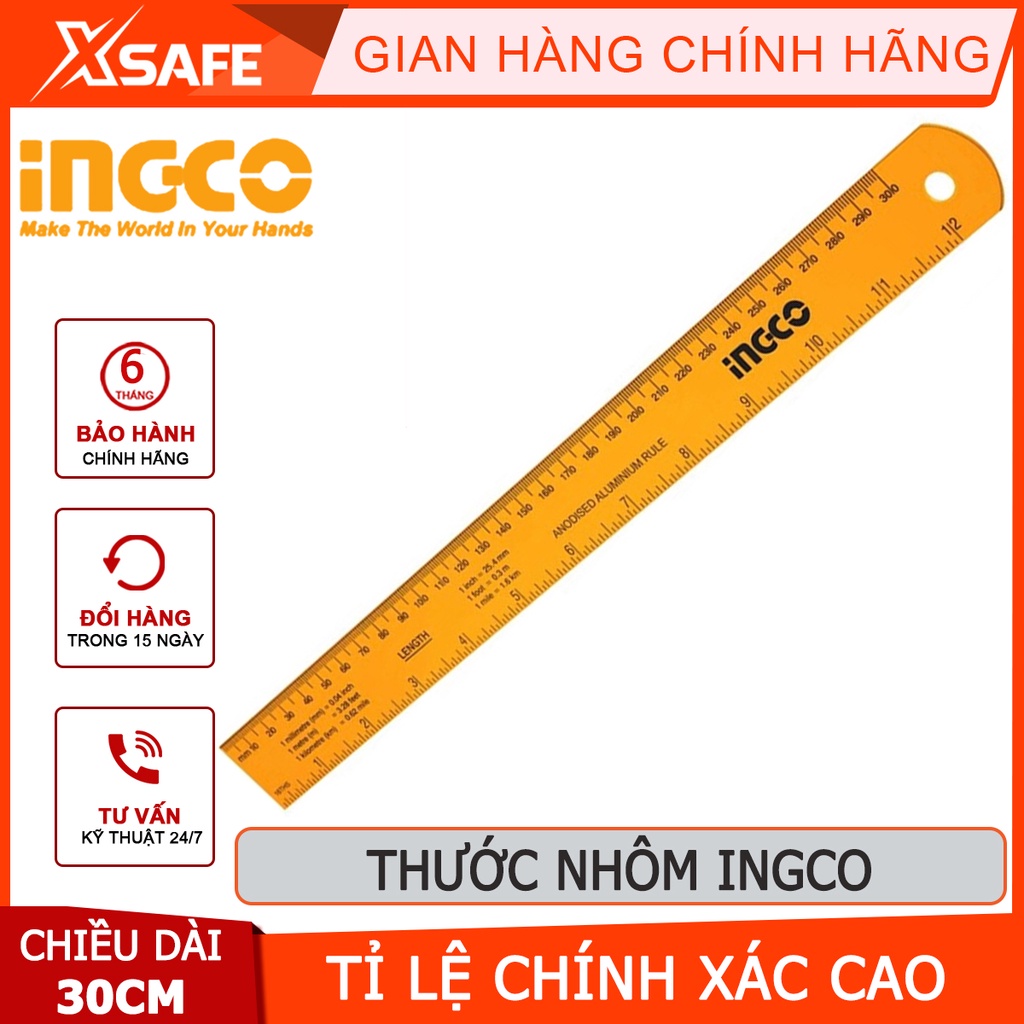 Thước nhôm INGCO HSR23002 Thước lá chiều dài 30cm, rộng 3cm, chất liệu nhôm anodized độ cứng cao, không bị mài mòn