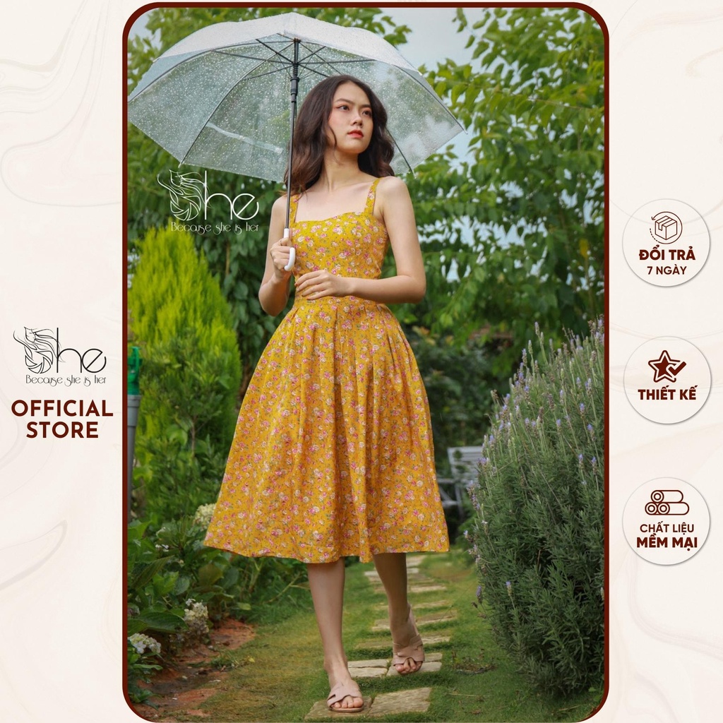 Váy 2 dây đi biển hoa xinh She, Đầm nữ xếp li VINTAGE du lịch thời trang SDX34
