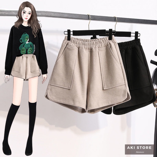 Bigsize 45-150kg-Quần Short Dạ ống rộng Lưng Thun Có Túi Màu Trơn Cỡ Lớn cho Nữ