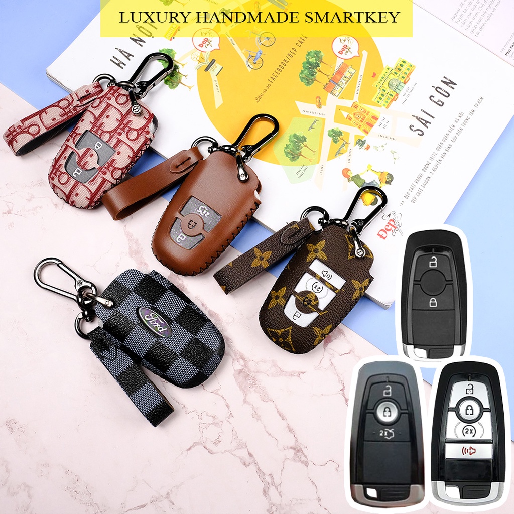 Bao da chìa khóa smartkey xe ô tô Ford Ranger Ecorport Wildtrak Raptor Everest Explorer mẫu mới khâu tay có dây tay cầm