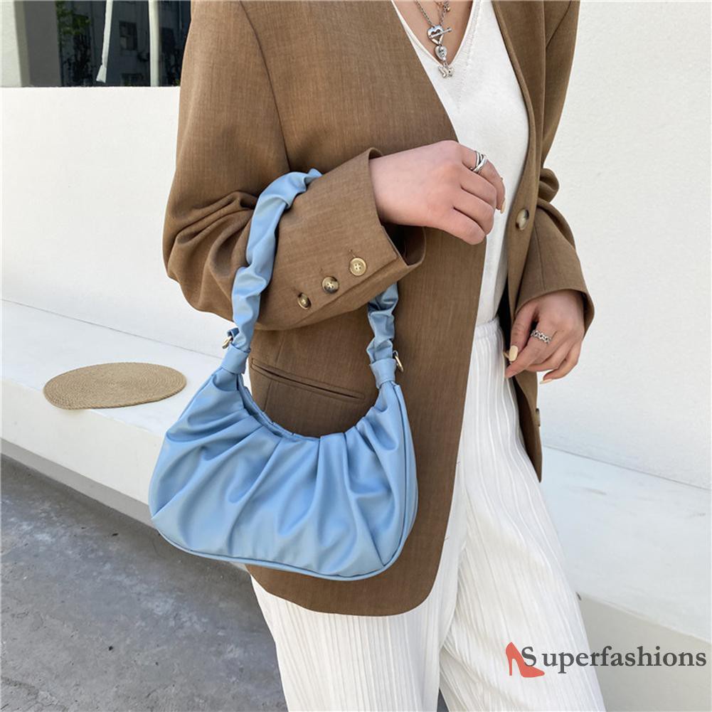 【Hot Sale】Fashion Women Pure Color Canvas Shoulder Underarm Bag Pleated Hobos Handbag