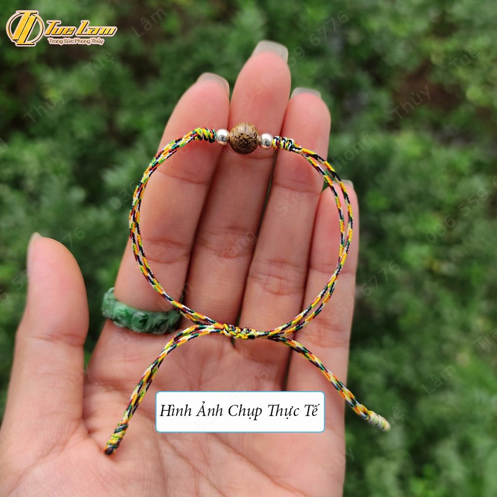 Vòng tay chỉ ngũ sắc may mắn bện handmade hạt trầm hương bi bạc trắng bình an - Tuệ Lâm