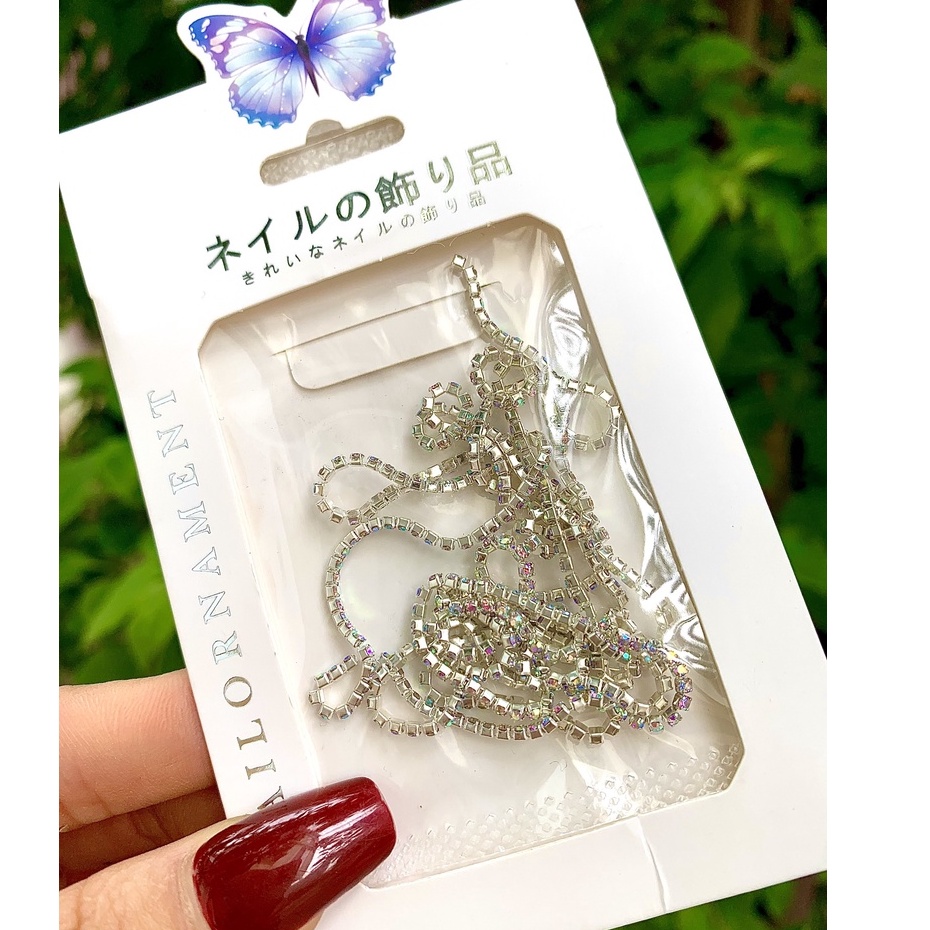 Phụ kiện dây xích kim loại đính đá 3D long lanh sang trọng trang trí móng nghệ thuật