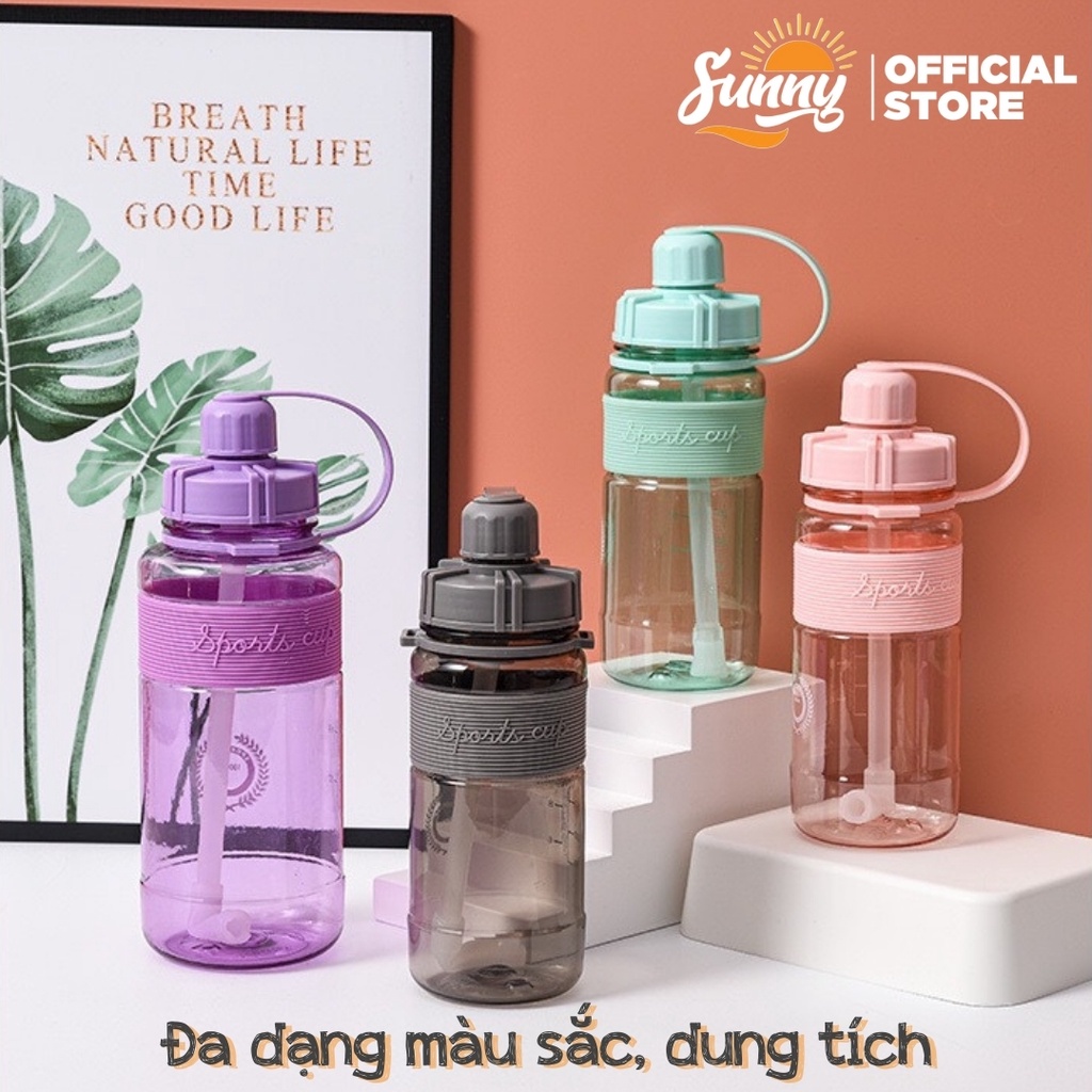 Bình nước thể thao tặng Sticker có ống hút, dây đeo, chia vạch nhắc nhở ( Dung tích 600ml / 1L / 1,5L / 2L) BN6