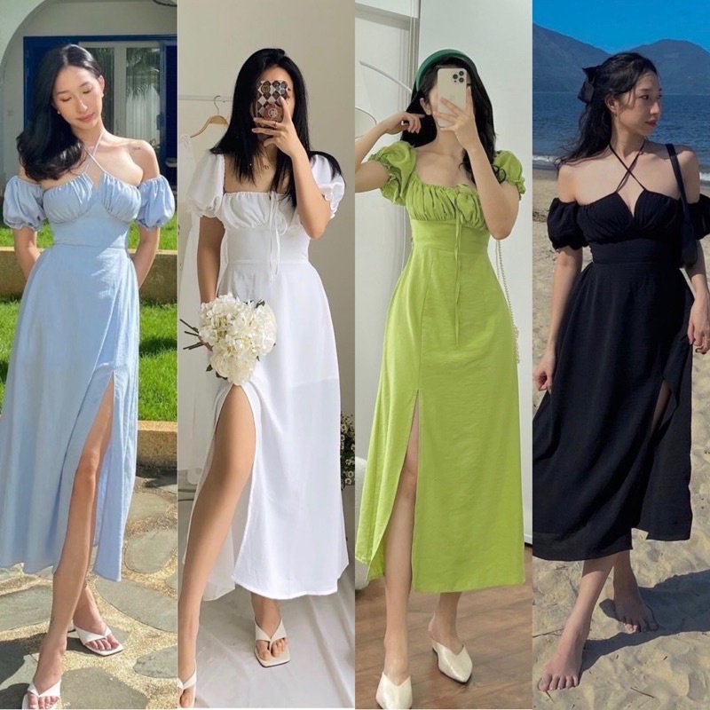 (Có bigsize) Đầm midi thắt nơ ngực xẻ đùi bo chun hở lưng mặc được nhiều kiểu