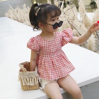 Áo thun ngắn tay cổ tròn sọc caro đáng yêu cho bé gái