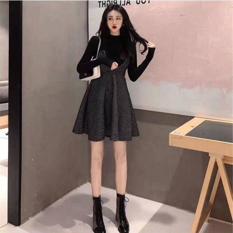 Set Áo Thun Dài Tay + Đầm Dệt Kim Màu Đen Thời Trang Thu Đông Dành Cho Nữ