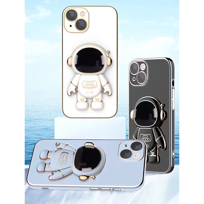 Ốp Điện Thoại Dẻo Vuông Mạ Màu Có Giá Đỡ Hình Phi Hành Gia Cho iPhone 14 13 12 11 Pro Max iPhone X XS XR Max 14 Plus