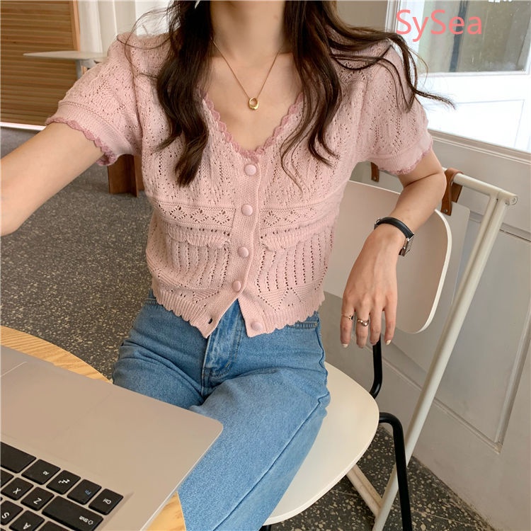 Áo dệt kim ngắn tay thời trang mùa hè nữ tính thanh lịch