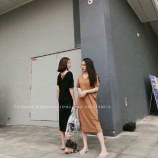 Đầm suông thun cổ V