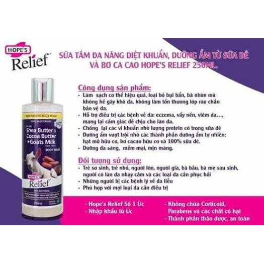 Sữa tắm sữa dê tươi và bơ ca cao diệt khuẩn Hope's Relief 250ml