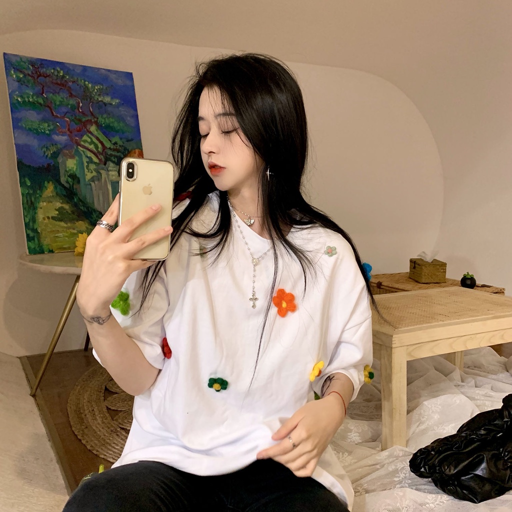 Áo Thun Cotton Tay Ngắn Dáng Rộng In Họa Tiết Hoa Phong Cách Hàn Quốc Thời Trang Mùa Hè Mới 2022 Dành Cho Bạn Nữ