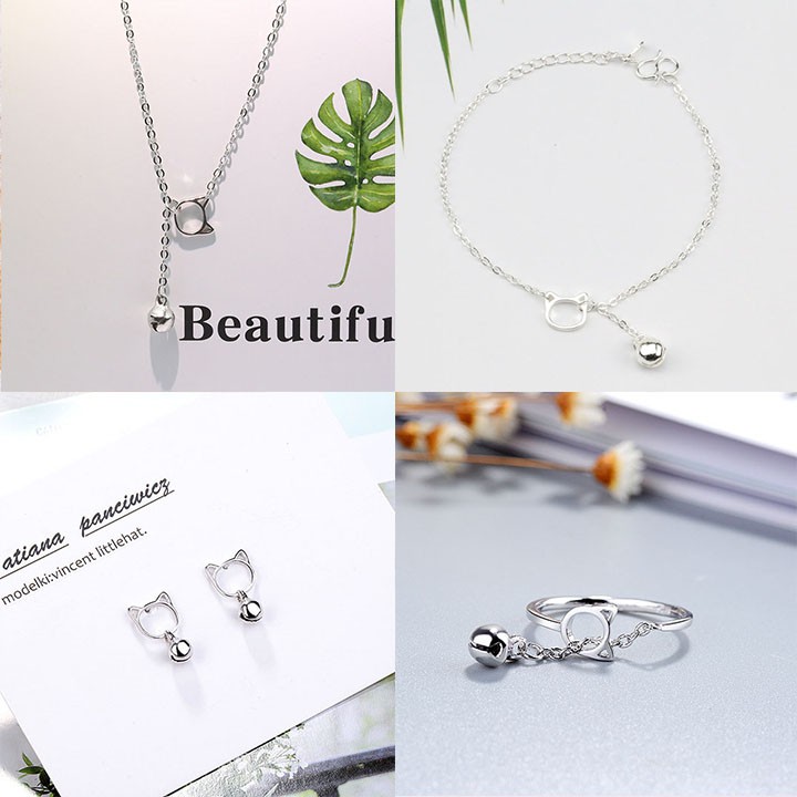 Bộ Trang Sức Bạc S925 Italy - Bộ Trang Sức 4 Món Chuông Mèo Xinh Xắn  - Dây Chuyền , lắc, Nhẫn, Bông BTSB10