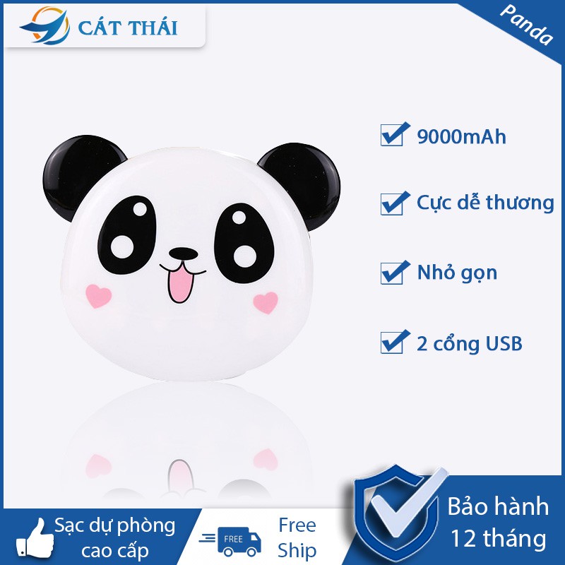 Pin Sạc Dự Phòng Panda, 2 đầu ra USB, 9000mAh, cảm giác mờ, phong cách cổ điển dễ thương