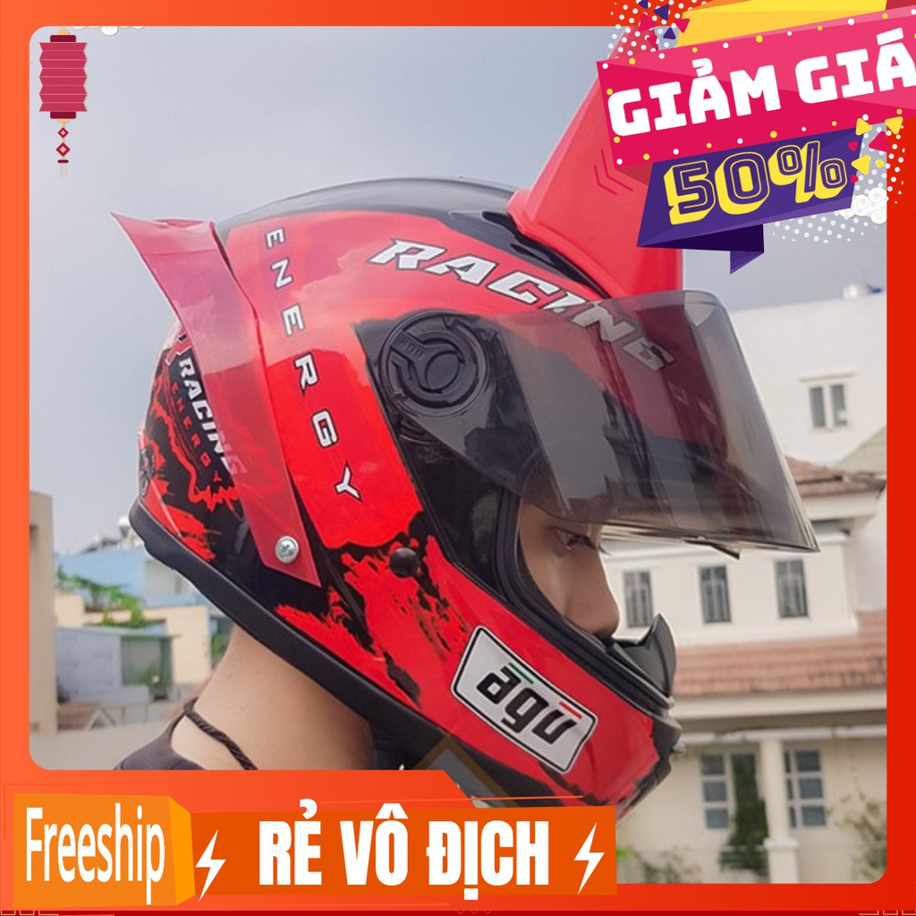 Mũ bảo hiểm AGU Racing + sừng batman+ đuôi gió AGV  (Tặng mũ trùm đầu và túi đựng)