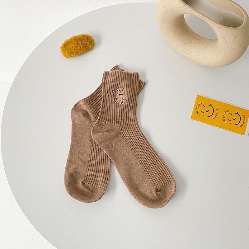 Set 5 đôi vớ cổ cao vải cotton thêu hình chú gấu hoạt hình phong cách Hàn Quốc - Tất gấu