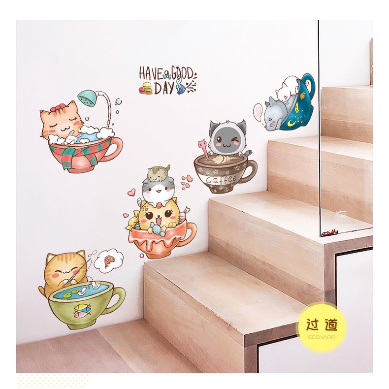 Decal dán tường MÈO NẰM TÁCH TRÀ - Trang trí phòng bé