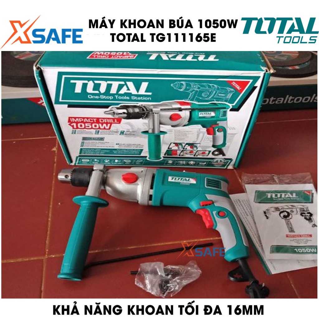 Máy khoan búa cầm tay TOTAL TG111165E công suất 1050w, tốc độ 3000 rpm, khả năng khoan 16mm, đầu khoan bằng nhôm 3-16mm