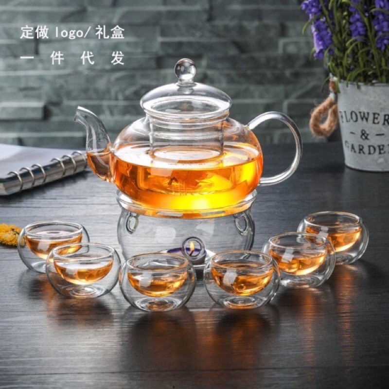 set ấm thủy tinh chịu nhiệt + chén 2lớp