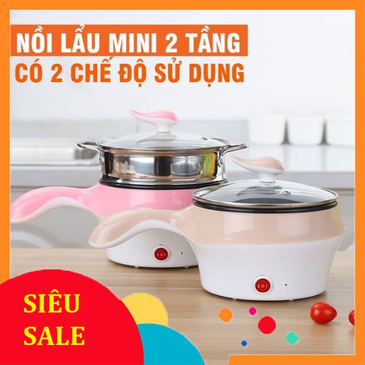 💥HÀNG XỊN💥 Nồi Điện Mini Hai Tầng Đa Năng Tặng Kèm Khay Hấp có thể Chiên, Xào, Nấu ăn, nấu cơm, nấu lẩu mini