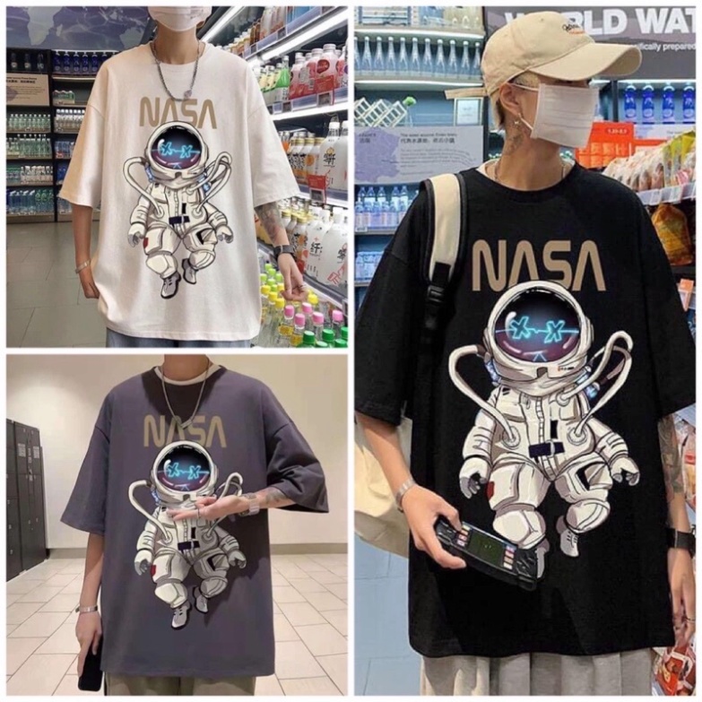 Áo Thun Tay Lỡ Unisex Cổ Tròn Form Rộng Basic Cotton Oversize Giá Rẻ In Hình Phi Hành Gia