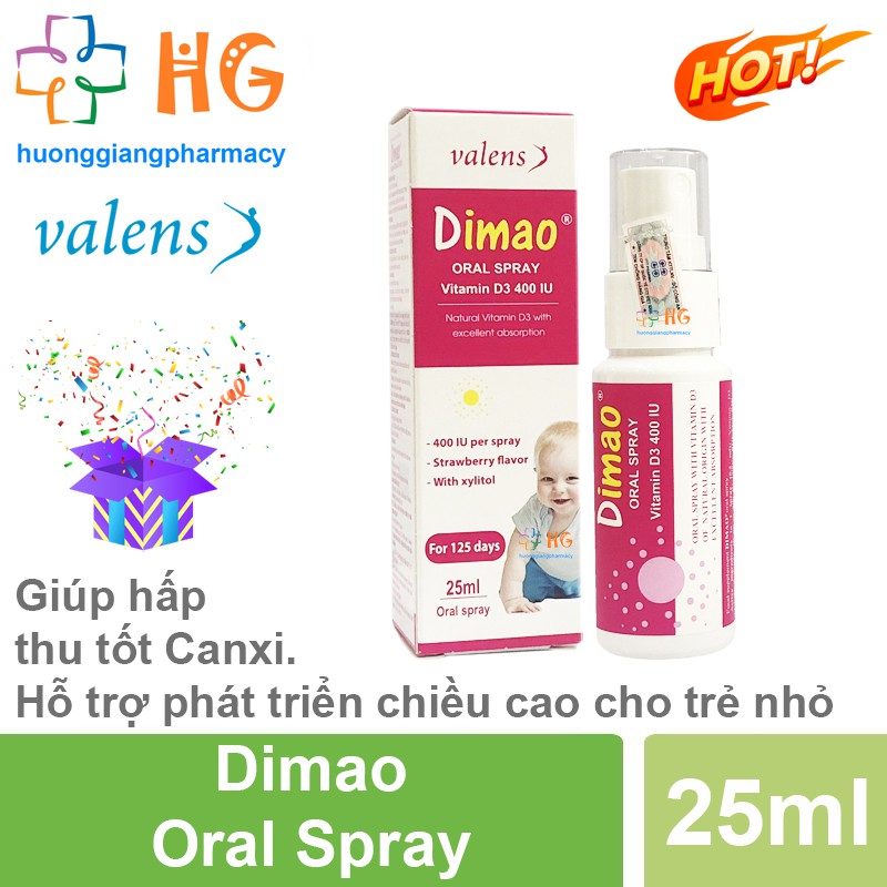 Dimao Oral Spray, thực phẩm cho sức khỏe, bổ sung Vitamin D3 dạng xịt 400IU, tăng chiều cao cho bé (Lọ 25ml)