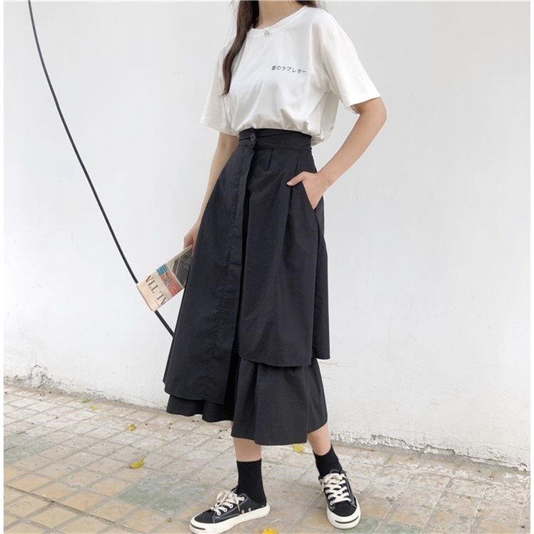 SUCV001 Chân váy maxi 2 lớp đen trắng lệch tà xếp tầngretro Ulzzang Đầm Midi dài qua gối lưng cao xòe chữ A Hàn Quốc hot