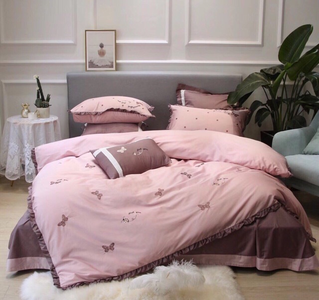 Set chăn ga Lụa bướm thêu cao cấp, hàng 6 món.