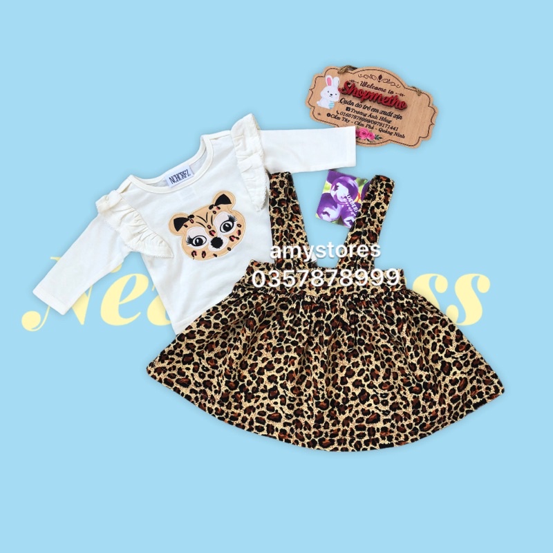 Sét váy yếm bé gái hoạ tiết da báo chất nhung tăm