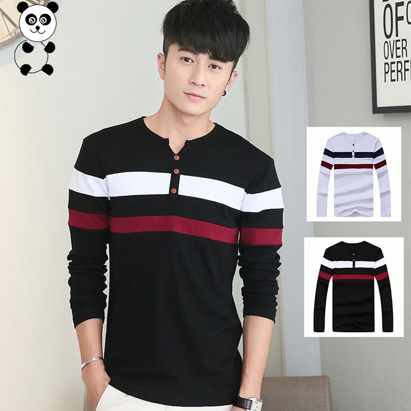 Áo thun nam tay dài cổ tròn đính nút chất thun cotton phối màu sọc ngang, mẫu áo thun nam ulzzang thời trang thu đông
