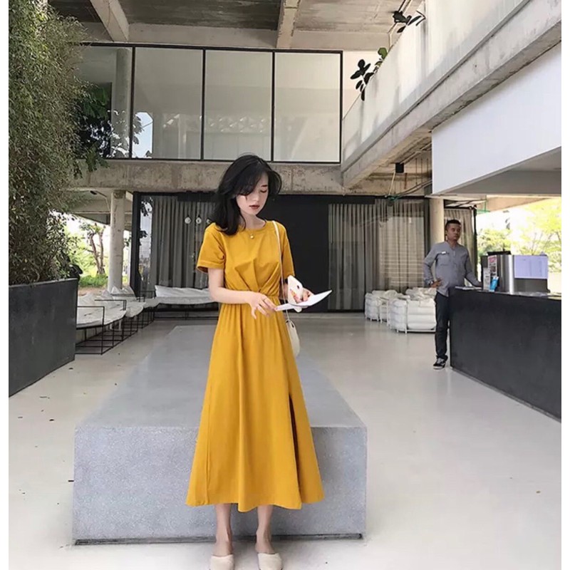 Váy cotton chun eo xẻ đùi xinh xắn | BigBuy360 - bigbuy360.vn