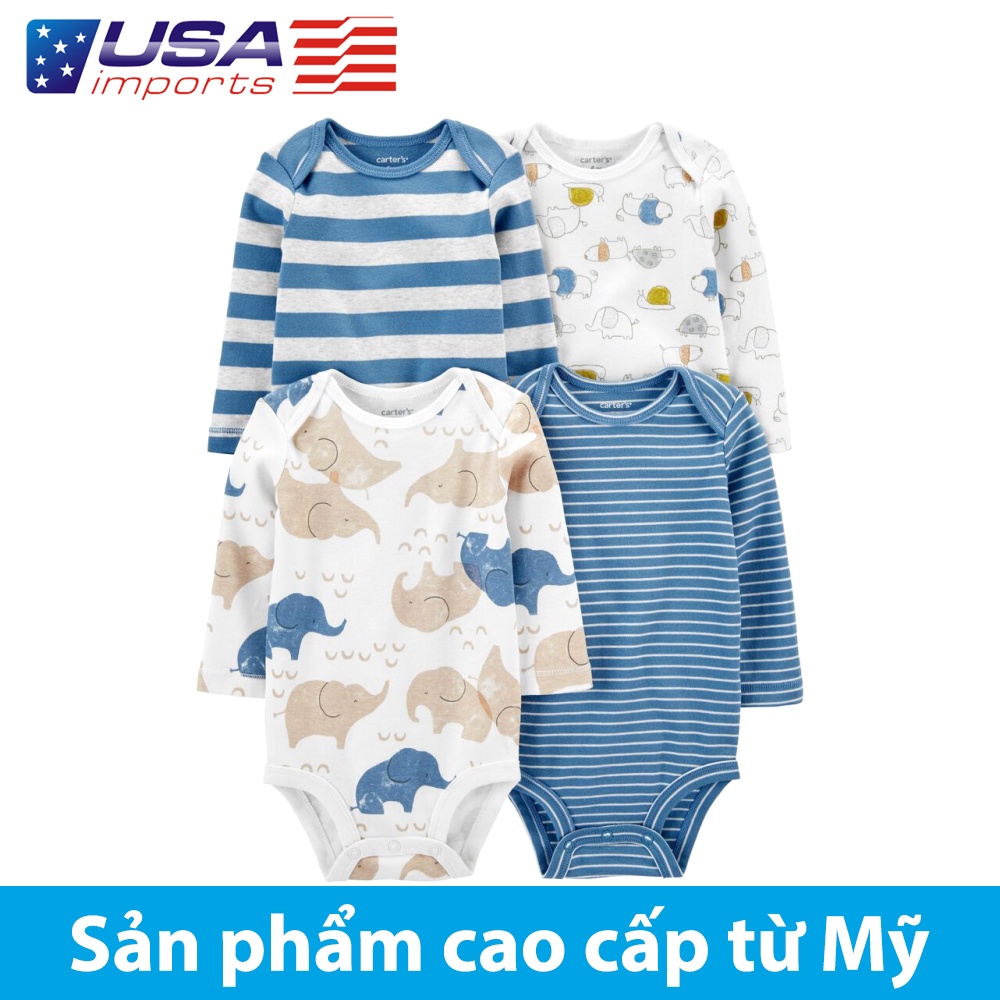 Set 4 áo liền thân dạng tam giác tay dài họa tiết voi phối xanh Car-tờ Auth Từ Mỹ (1M754610)