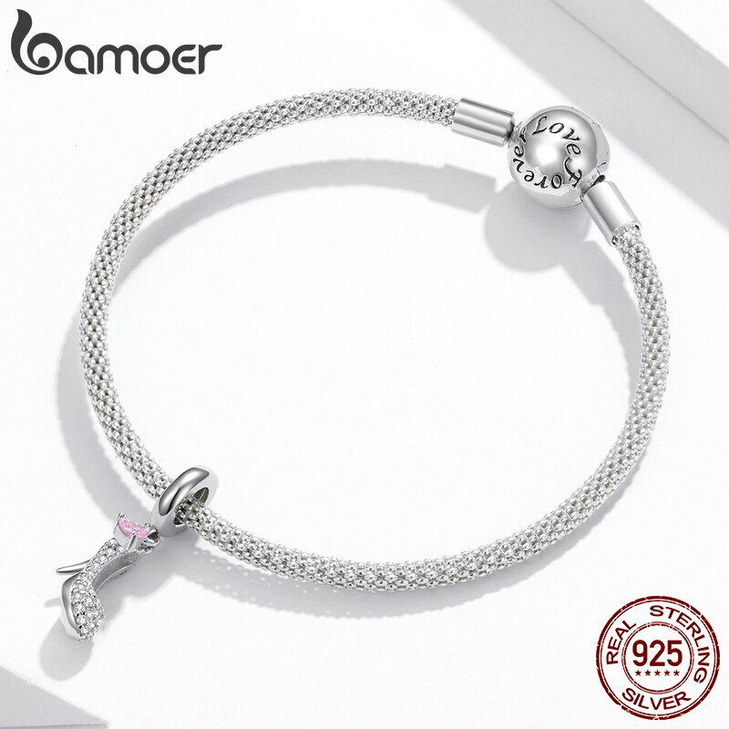 Hạt Charm Gắn Vòng Tay Bamoer Hình Giày Cao Gót Thủy Tinh Gắn Tim Màu Hồng Bằng Đá Zircon Nguyên Bản BSC411