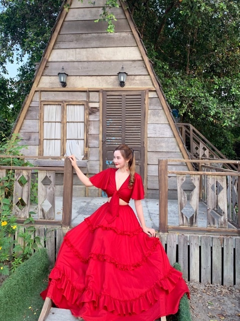 📛 [Ảnh thật] Sét áo cánh tiên phối chân váy maxi viền bèo đỏ hottrend , váy đi biển du lịch | BigBuy360 - bigbuy360.vn