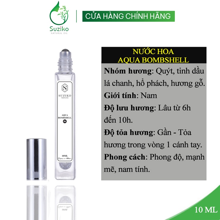 Nước hoa nam Suziko Aqua bombshell phong độ, mạnh mẽ. Nước hoa mini 10ml dạng lăn tiện lợi