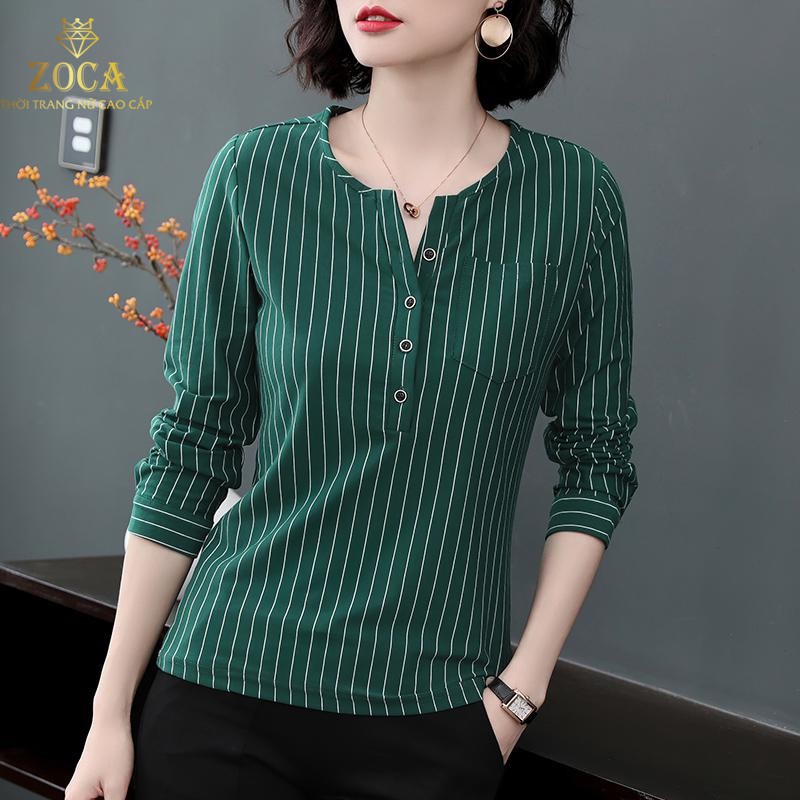 Áo Phông nữ tay dài thiết kế hoạ tiết kẻ sọc , Áo nữ mùa hè cổ tròn phối cúc chất vải cotton mềm mát _ AKS