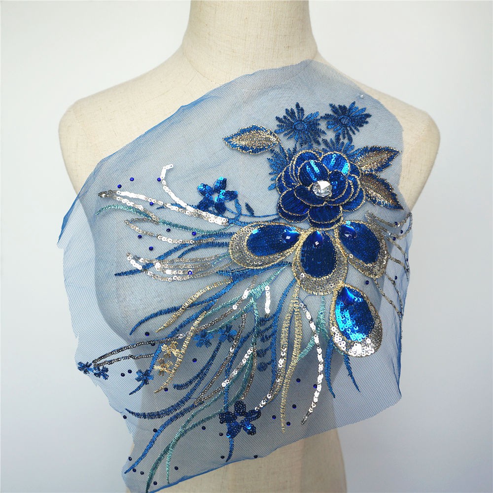 Miếng Vải Ren Thêu Hình Lông Công Đính Kim Sa Lấp Lánh Trang Trí Váy Cưới diy