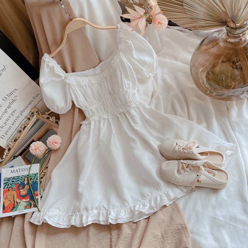 ĐẦM TRẮNG CỔ TYM VIỀN TAY BỒNG BO EO VIỀN BÈO | BigBuy360 - bigbuy360.vn