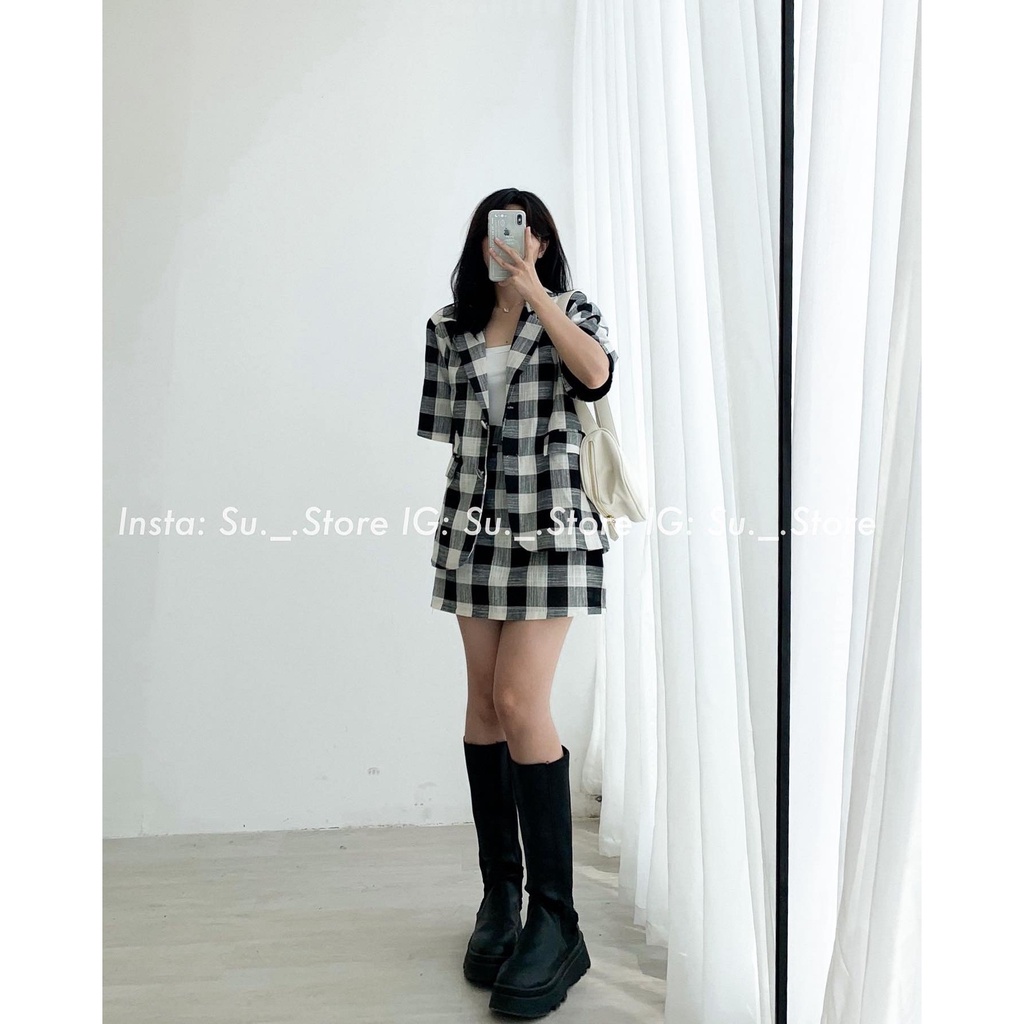 Set áo blazer kẻ ô vuông đệm vai kèm chân váy lưng chun S388 SUSTORE