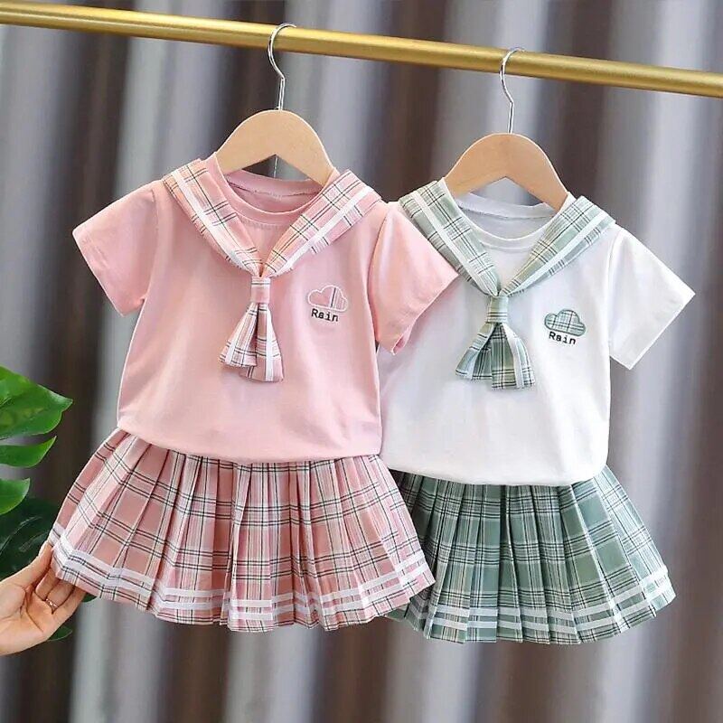 Set Áo Thun Cotton + Chân Váy Caro Xếp Li Cho Bé Gái 2-7 Tuổi